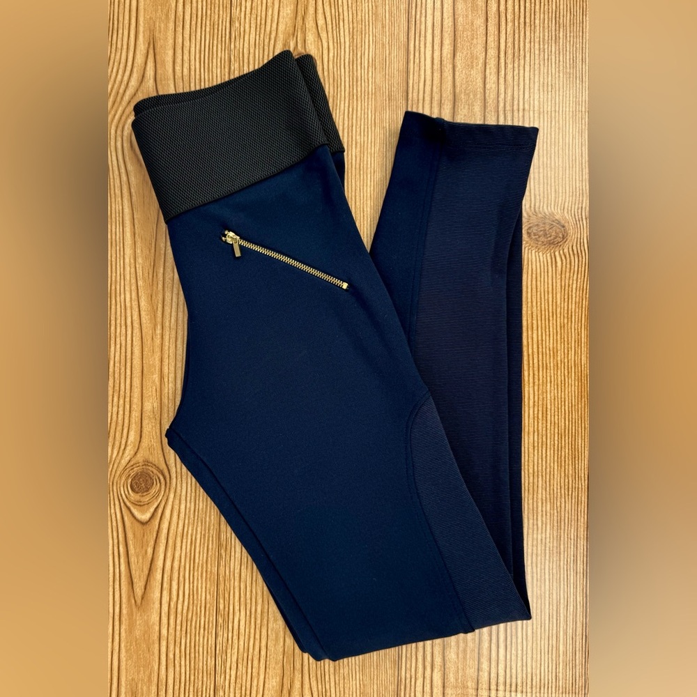 Zara Basic Women's Compression Leggings Navy Gold Zipper Accents Workwear Sz S